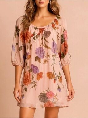 Bellambia Silk Blend Dress Blush Floral Sheer Peasant Size Large Made in Italy